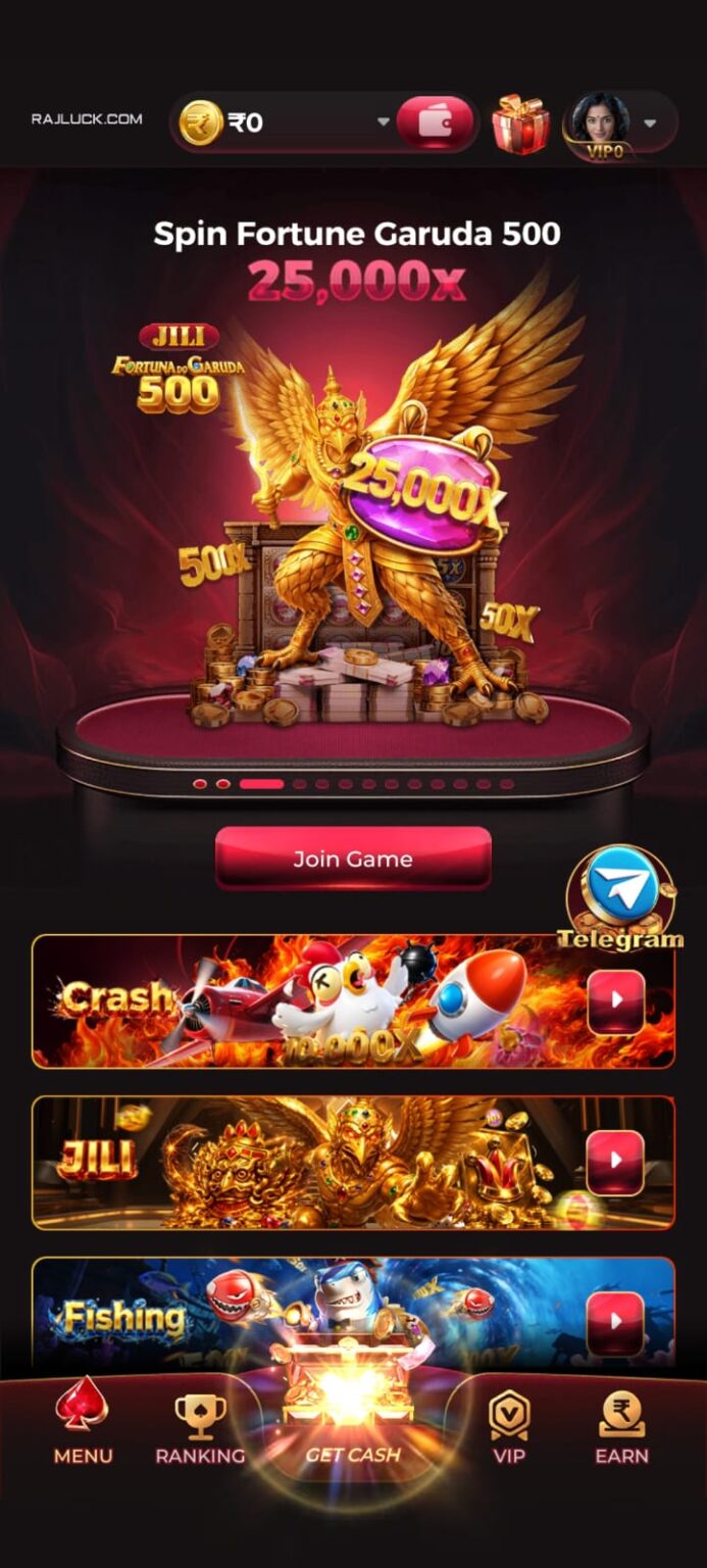 RajLuck Game home screen featuring slot games, crash games, fishing games, and gaming categories.