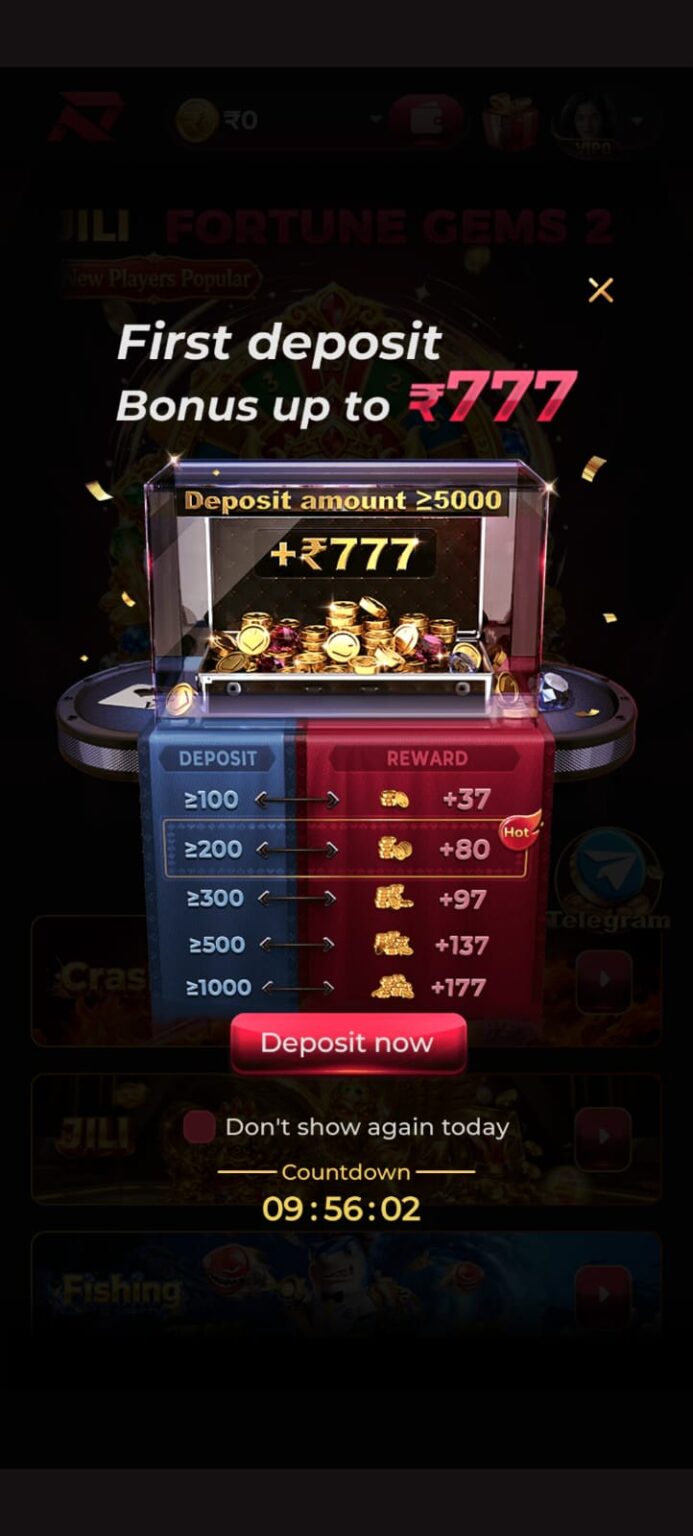 RajLuck Game first deposit bonus offer with rewards up to ₹777 and promotional event.