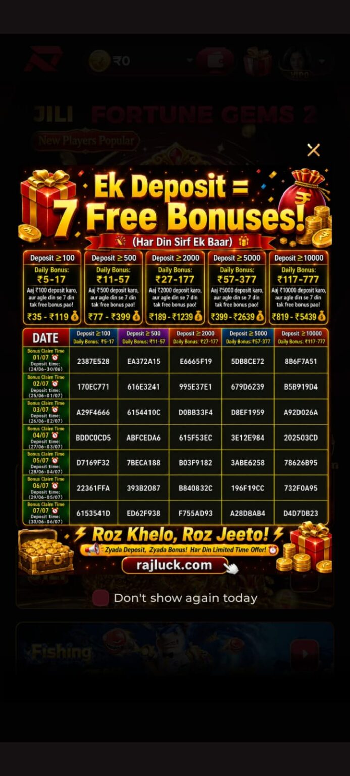 RajLuck Game daily deposit bonus offer with reward table, free bonus promotion, and APK gaming platform.