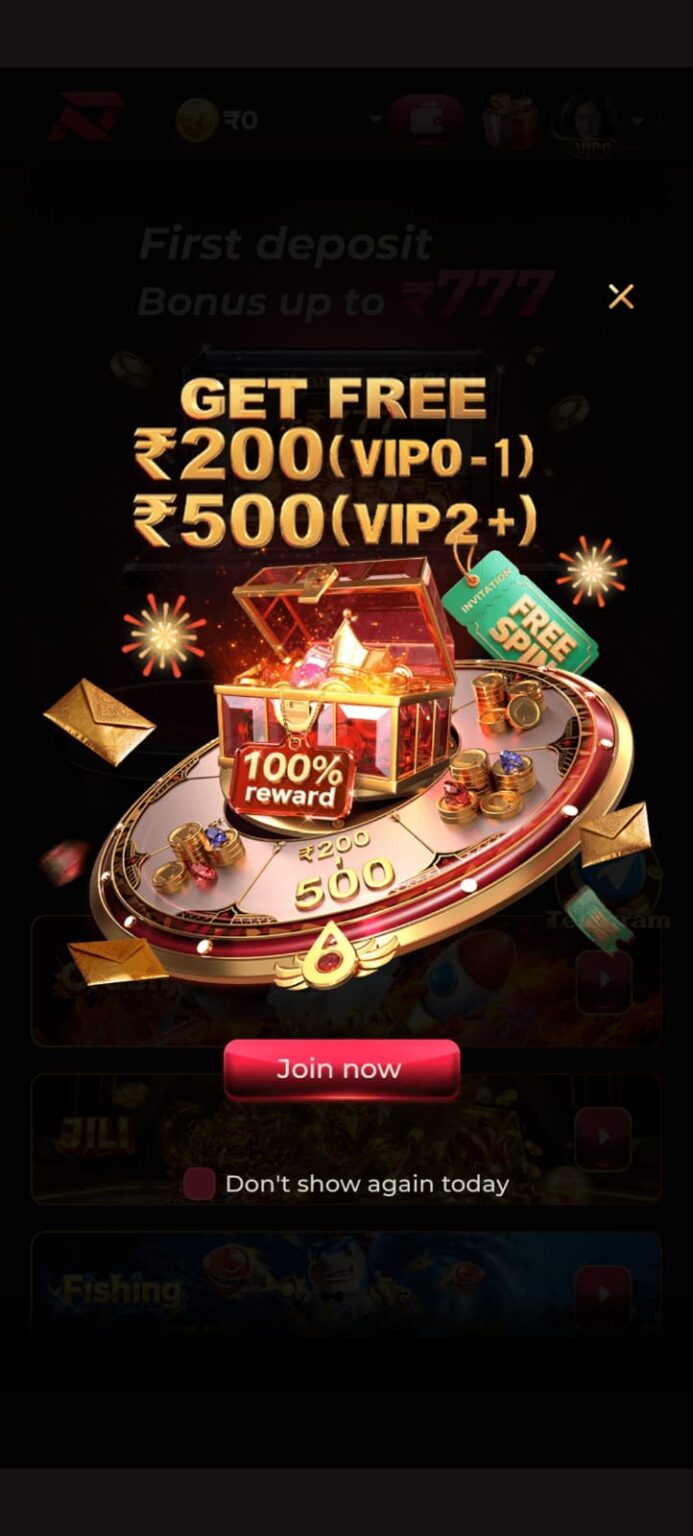 RajLuck Game VIP reward promotion with welcome bonus, free rewards, and invitation offer.